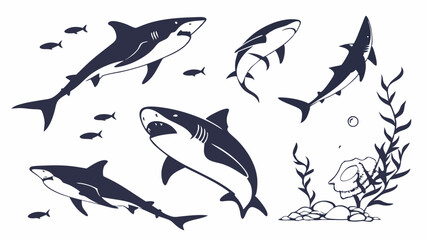 Fototapeta premium Graphic Set of Great White Sharks Swimming in the Ocean with Small Fish and Underwater Plants