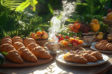 A beautifully arranged outdoor restaurant table with a delicious breakfast spread, featuring fresh croissants, steaming coffee, and vibrant fruit platters. 