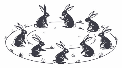 Black and White Illustration of Cute Rabbits Sitting in a Circle on Grass Group Meeting Sketch