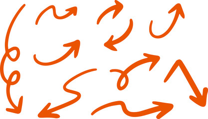 Orange expressive sketch arrows in flowing and dynamic doodle style.