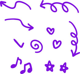 Purple musical notes, stars, and love-themed doodles in sketch style