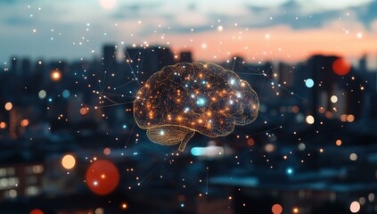 Abstract brain graphic over cityscape at dusk