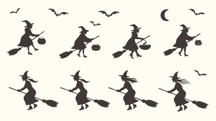 Naklejka premium Halloween Flying Witch Silhouette Set with Bats and Moon Black Silhouettes for Spooky Design