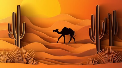 A minimalist paper-cut inspired desert scene with a camel walking among layered dunes and tall cacti, set against a smooth sunset gradient. 