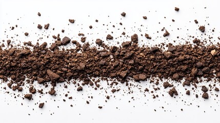 Close-up view of dark brown, coarse granules scattered on a white background, forming a horizontal line.  The texture appears dry and crumbly