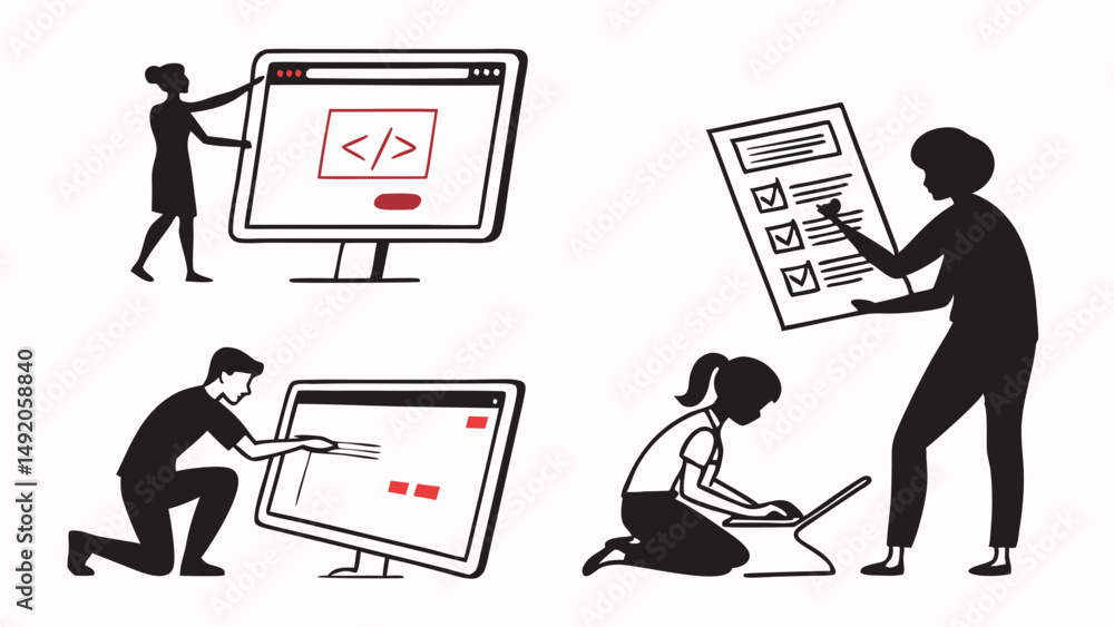 Poster simple illustration of team collaboration on technology projects coding planning testing review