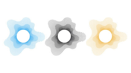 Three abstract radial designs in blue black and gold on a white background with central circles