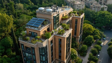 Obraz premium Solar water heater on top of eco-friendly residential building