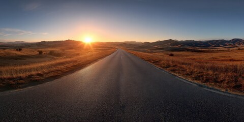 Road Stretching Through Golden Fields at Sunset, Symbolizing Journeys and Personal Growth, Ideal for Travel and Adventure Marketing : Generative AI