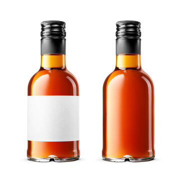 Bottles of dark amber hard liquor: whisky, brandy, cognac isolated. Clean paper label for your design. Transparent PNG image.
