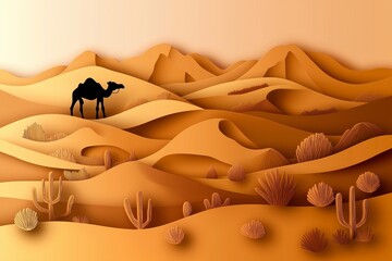 A trendy paper-cut style desert landscape illustration featuring layered sand dunes, a silhouette of a camel, and scattered cacti. 