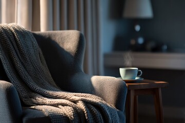 Obraz premium Cozy Armchair With Blanket and Steaming Cup of Coffee, Representing Relaxation, Comfort, and Home Decor Inspiration : Generative AI
