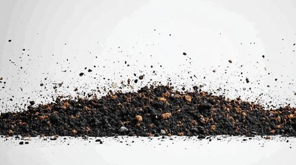 Dark soil with bits of lighter material scattered against a white background, particles suspended mid-air