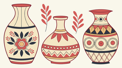 Decorative Pottery Vases Set in Folk Art Style with Ethnic Floral and Geometric Patterns