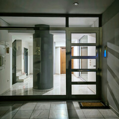 A modern building entrance with a sleek glass door and a metal frame. Inside, a well-lit space showcases a large cylindrical column, white marble flooring, and a staircase. Athens, Greece.