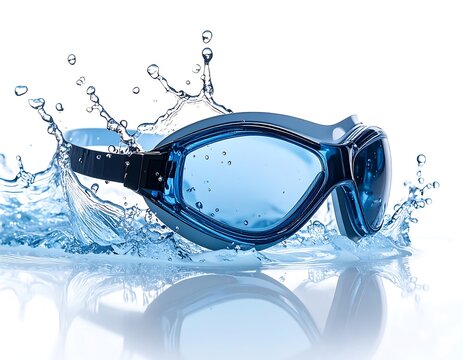Blue Swimming Goggles Amidst Water Splash Against White Backdrop Studio Shot
