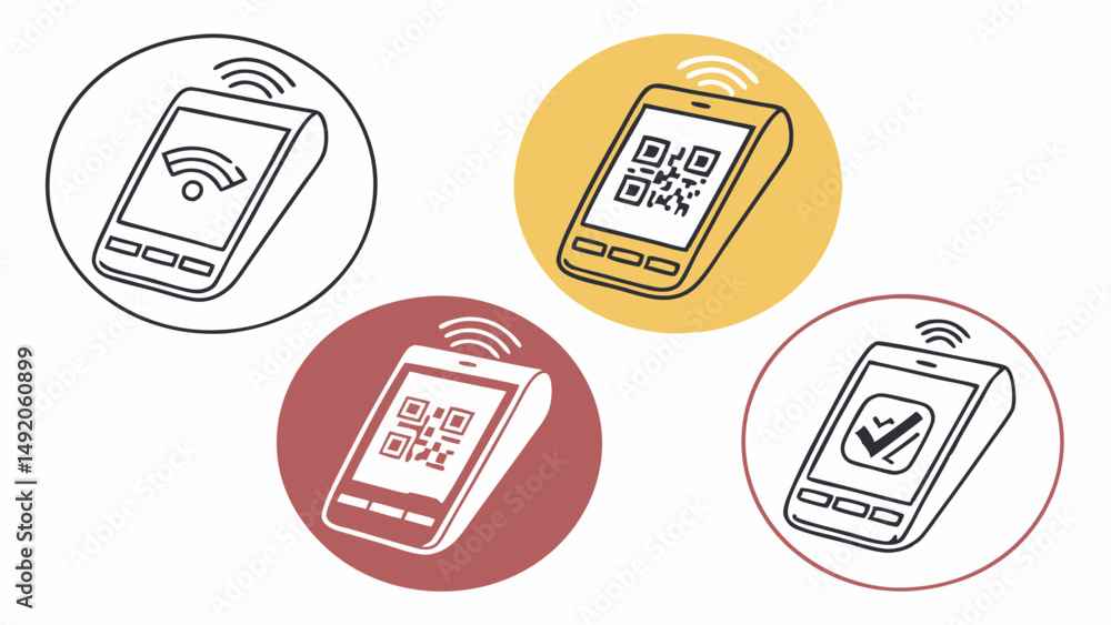 Poster simple illustrations of wireless payment terminals qr code and success icons digital transactions