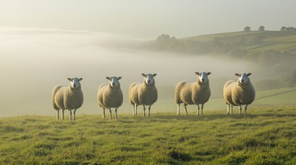 Fototapeta premium A Serene Pastoral Scene: Five Sheep Grazing on a Misty Morning Hillside