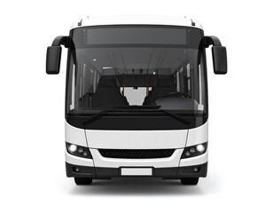 Isolated White Bus Front View with Black Windows and Headlights on White