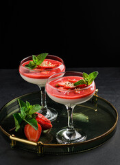 Panna cotta with strawberries and mint