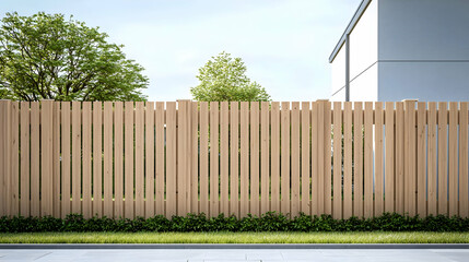Light Beige Wooden Fence with Green Plants and Trees