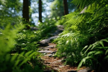 Fototapeta premium Forest Path Through Ferns in Lush Woodland, Evoking Tranquility and Environmental Awareness for Nature Tourism : Generative AI