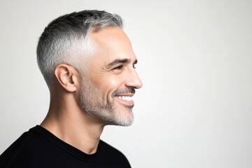 Fototapeta premium Concept art of style for aging men. A midlife man posing for a portrait. Pure white solid background. Fashionable men's fade haircut - midlife middle eastern man with short hair.
