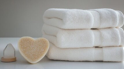 A serene spa arrangement featuring two plush towels stacked beside a delicate heart-shaped soap and a quartz massager on a clean, minimalist background. 