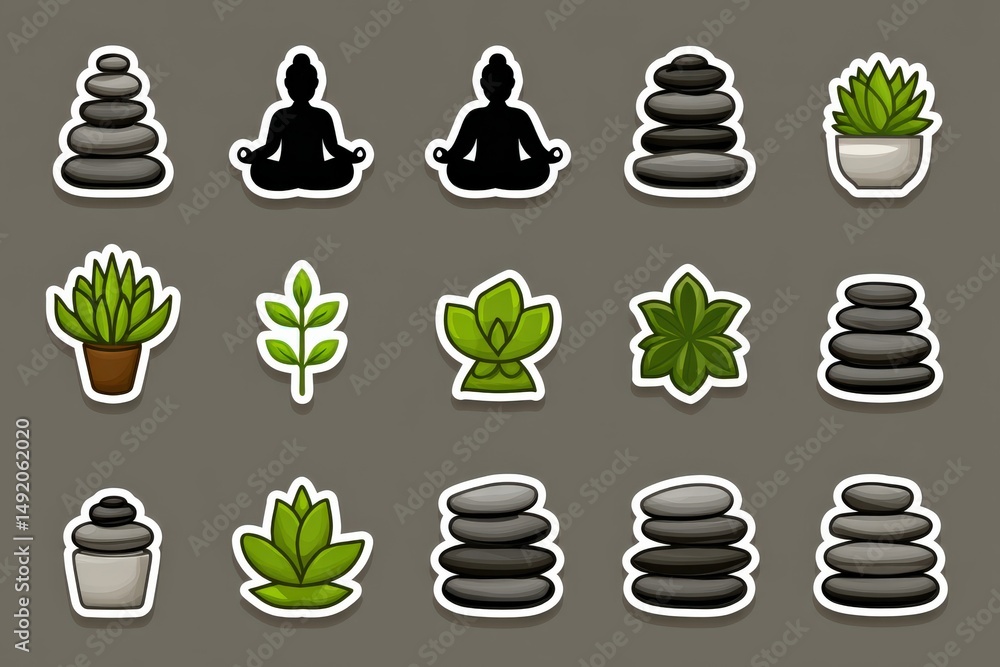 Poster meditative elements featuring stacked stones and various green plants creating a serene atmosphere f
