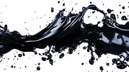 Dynamic dark liquid splash against a white backdrop, showcasing fluidity and movement with scattered droplets