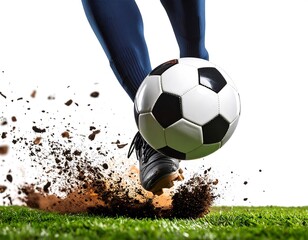 Foot Kicking Soccer Ball in a Field with Dirt on a White Background