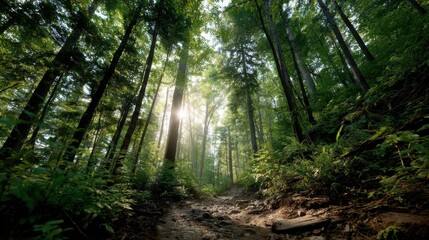 Sunlit Forest Path Through Tall Trees, Representing Nature's Serenity and Environmental Sustainability for Outdoor Adventure Tourism and Ecotourism Promotion : Generative AI