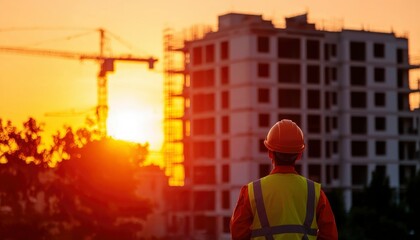 Construction worker watches sunrise over building site