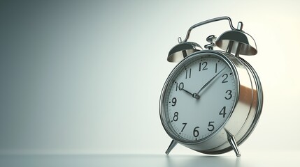 A vintage-style alarm clock with a polished metal body and twin bells, positioned on a pure white background. 