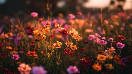 Obraz premium Field of Colorful Cosmos Flowers at Sunset, Representing Natural Beauty and Environmental Awareness for a Sustainable Future : Generative AI