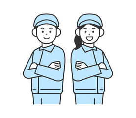 Fototapeta premium 腕組みをする作業服の若い男女のイラスト ベクター 
