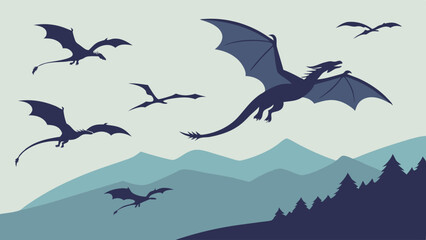 Naklejka premium Mythical Creatures Flying Dragons Fantasy Illustration Over Mountains and Forest