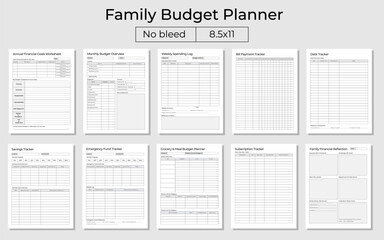 10 Pages Family Budget Planner Set Vector illustration 