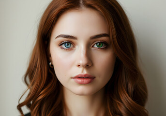 Portrait of a Beautiful Woman with Heterochromia Stunning Red Hair, Multi-Colored Eyes, and Natural Beauty.
