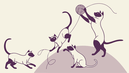 Cute minimalist illustration of four Siamese cats playing with a ball of yarn