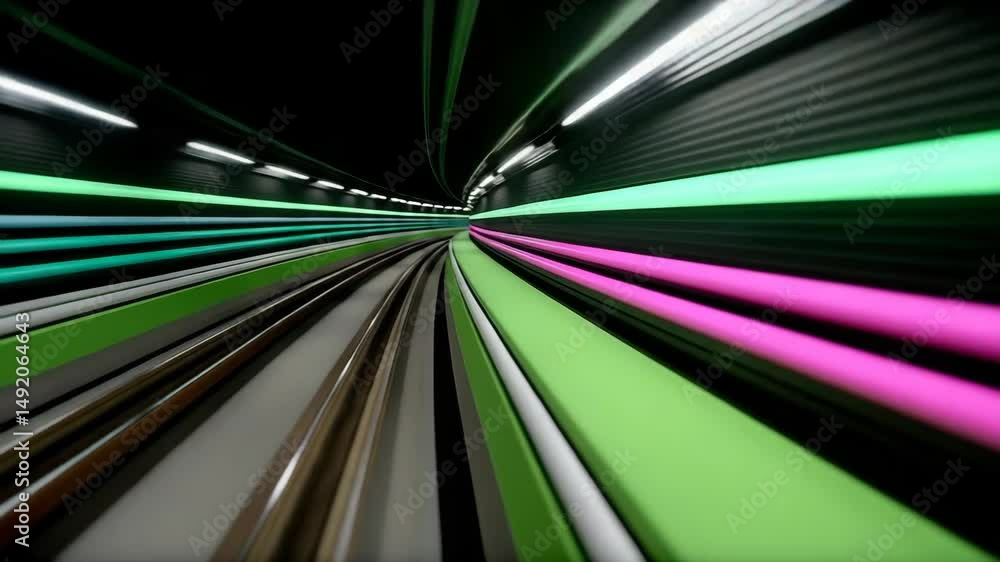 Poster dynamic view of futuristic tunnel with vibrant green and pink neon lights creating sense of speed an