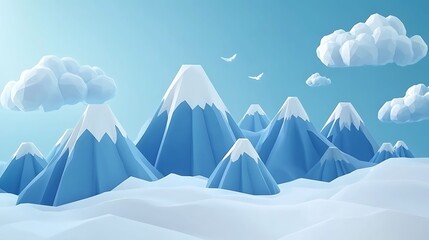 3D render depicts stylized blue mountains with white snow caps, scattered clouds, and a bright sky.
