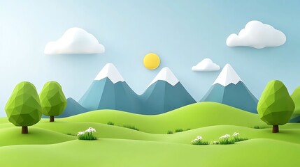 3D render of a stylized landscape featuring green hills, trees, mountains, and a bright sun with fluffy clouds.