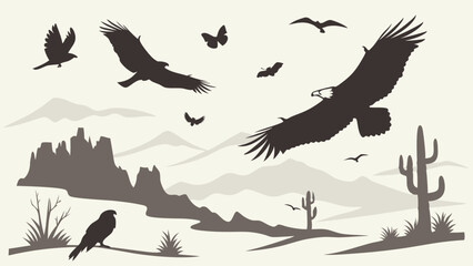 Flying Eagles and Birds Silhouette Art in Desert Landscape with Mountains and Cacti