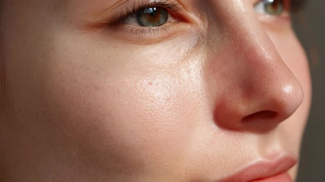 Close up of a girl clean moisturized face. Young adult, toned skin without makeup and pimples. Cream for blackheads and pores. Female routine. Self care, love. Woman closeup.