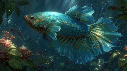 Naklejka premium Betta Fish Swimming Gracefully Through Light Streaks in Lush Underwater Environment