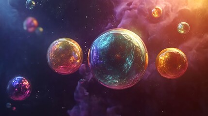 Fototapeta premium Digital illustration of vibrant, spherical planets suspended in a nebula-filled cosmic space.