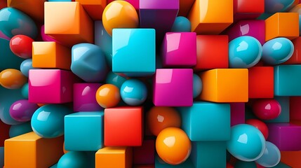 3D render of colorful cubes and spheres arranged in a dense, glossy, geometric composition.