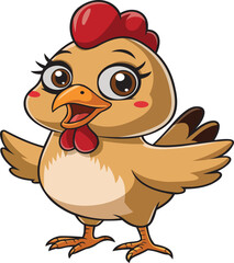 A delightful cartoon illustration of a cute and happy chicken. This friendly character features big eyes, a cheerful expression, and outstretched wings. Perfect for children's designs, farm-themed pro