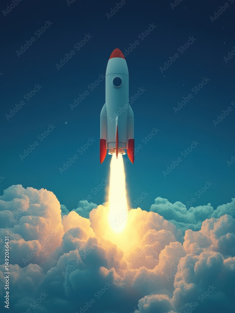 Poster rocket launch through clouds into night sky low angle view conceptual illustration of startup succes